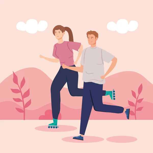 Woman on roller skates and man running — Stock Vector