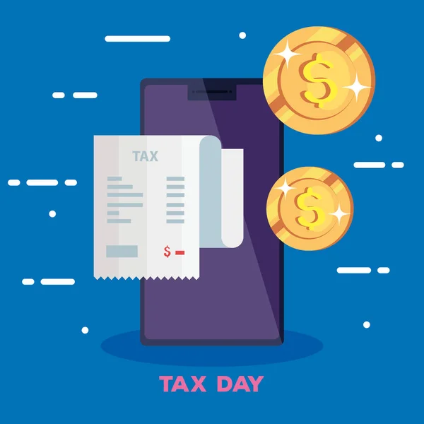 Affiche du jour de la taxe avec smartphone et icônes — Image vectorielle