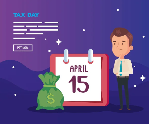 Tax day poster with businessman and icons — Stock vektor