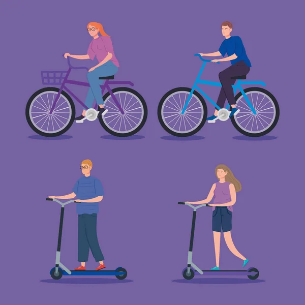 Młodzi ludzie na rowerze i skuterze — Wektor stockowy