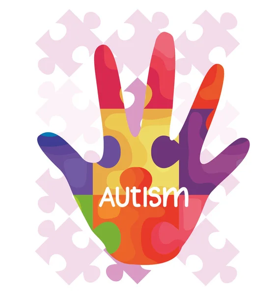Mundo autismo día y mano con piezas del rompecabezas — Archivo Imágenes Vectoriales