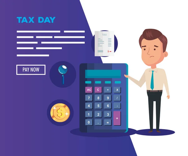 Affiche du jour de l'impôt avec homme d'affaires et des icônes ensemble — Image vectorielle