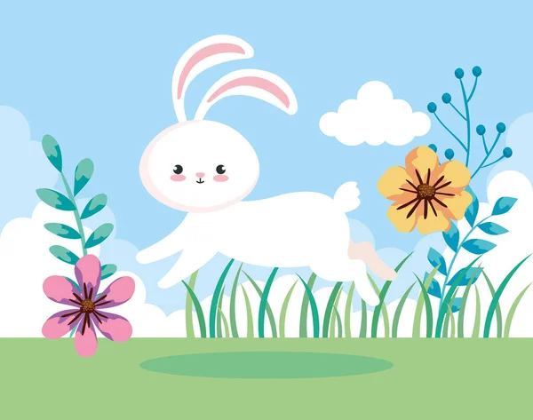 Милий кролик на Великдень стрибає в пейзажі — стоковий вектор