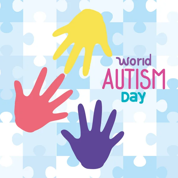 World autism day with hands in background of puzzle pieces — Stockvector