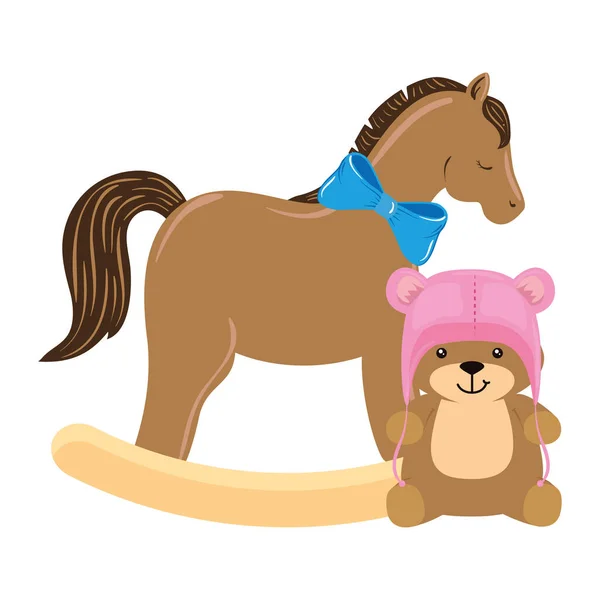 Juguete de caballo de madera con osito de peluche icono aislado — Vector de stock