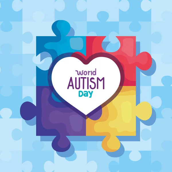 Día mundial del autismo con el corazón en piezas de rompecabezas — Vector de stock