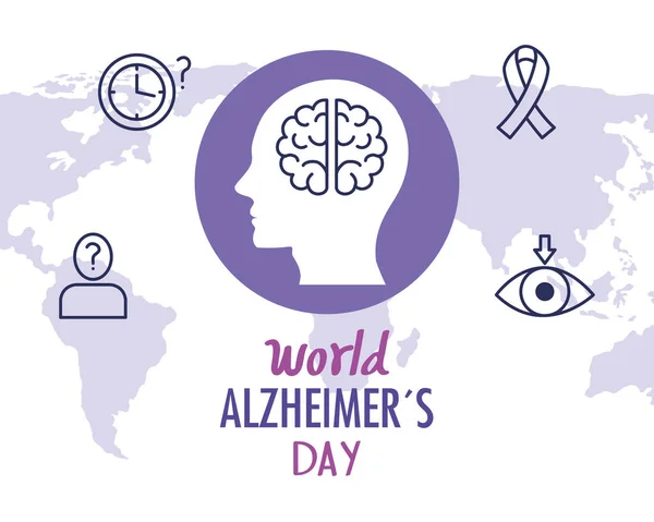 Всесвітній день альцгеймера з профілем голови та іконками — стоковий вектор