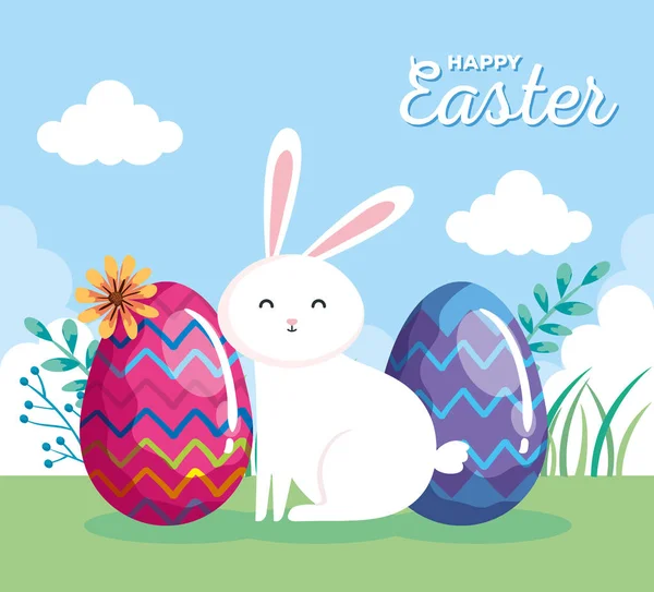 Happy easter card with rabbit and eggs in landscape — Stock Vector
