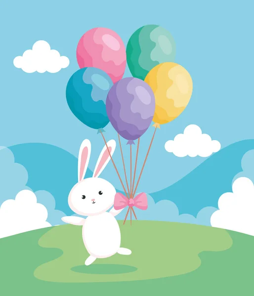 Lapin mignon de Pâques avec ballons hélium dans le paysage — Image vectorielle