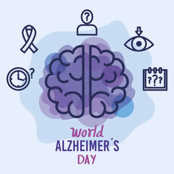 Monde alzheimer journée avec cerveau et icônes — Image vectorielle