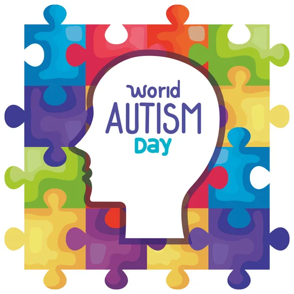 Día mundial del autismo con la silueta de la cabeza en el fondo de piezas del rompecabezas — Vector de stock