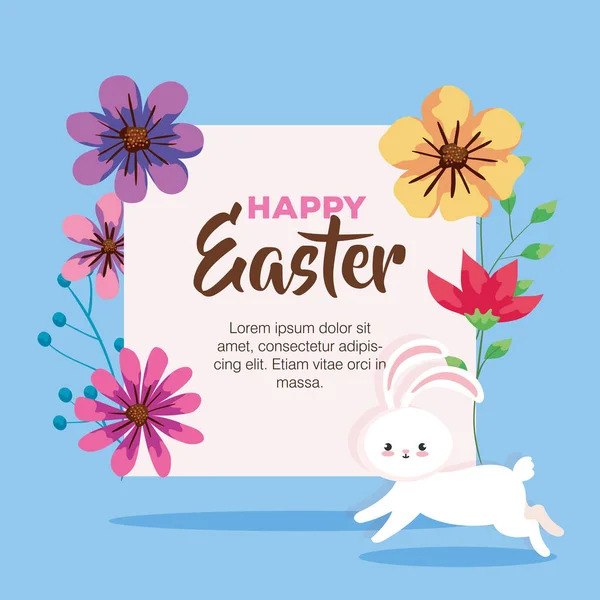 Happy easter card with rabbit and flowers decoration — Stock Vector