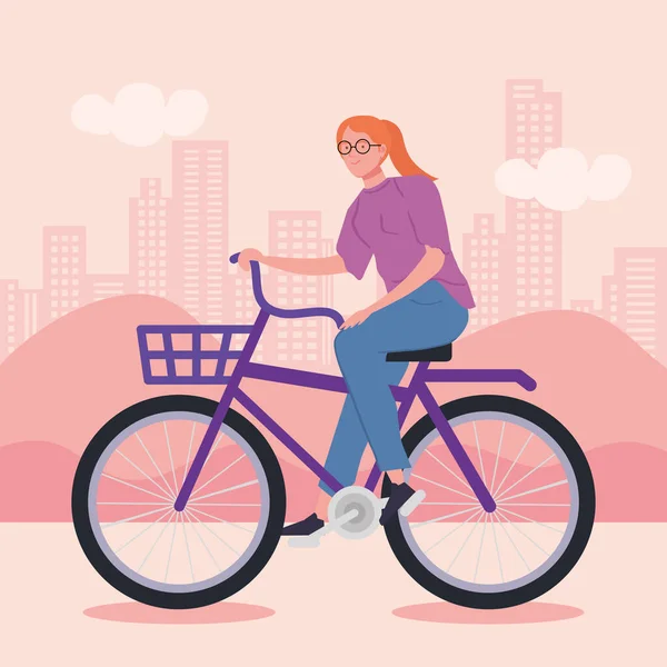 Young woman riding bicycle avatar characters — Διανυσματικό Αρχείο