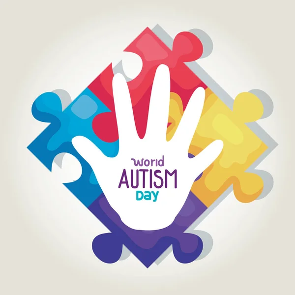 World autism day and hand with puzzle pieces — Stok Vektör