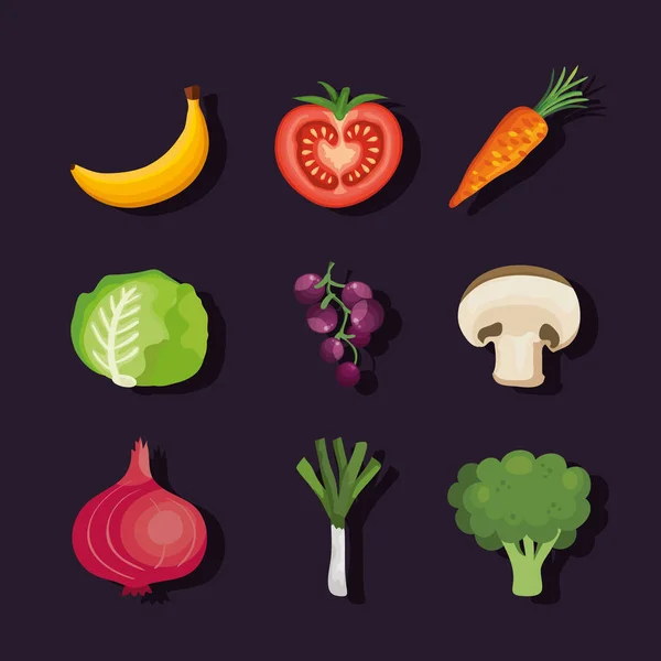Conjunto de verduras y frutas — Vector de stock