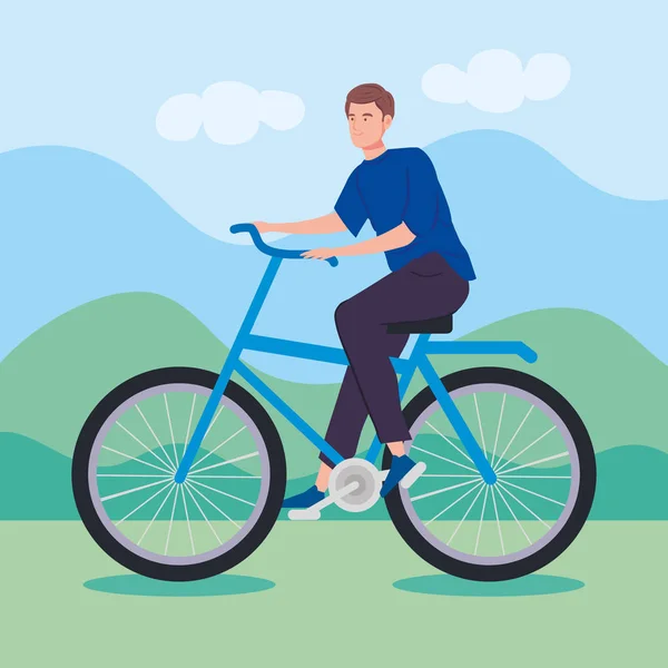 Hombre joven montar personajes avatar bicicleta — Vector de stock