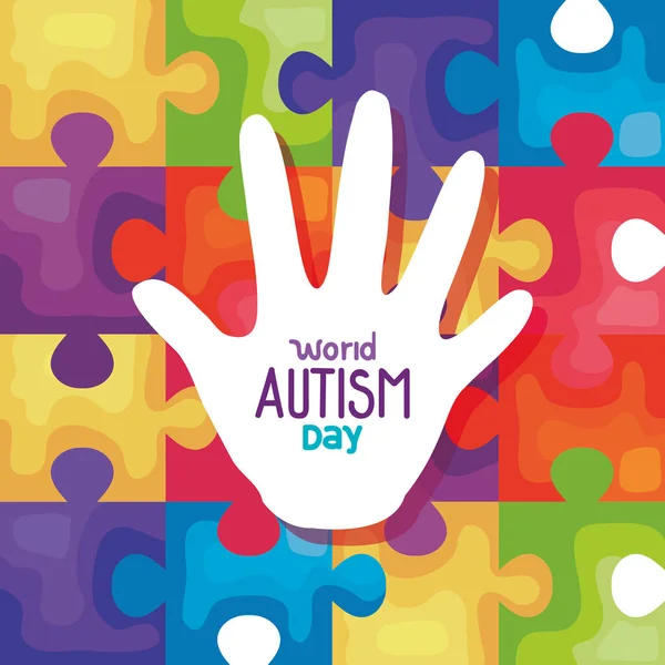 World autism day with hand in puzzle pieces background — Stockvector