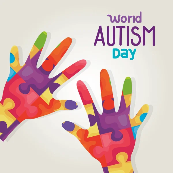 Mondo autismo giorno e mani con pezzi di puzzle — Vettoriale Stock