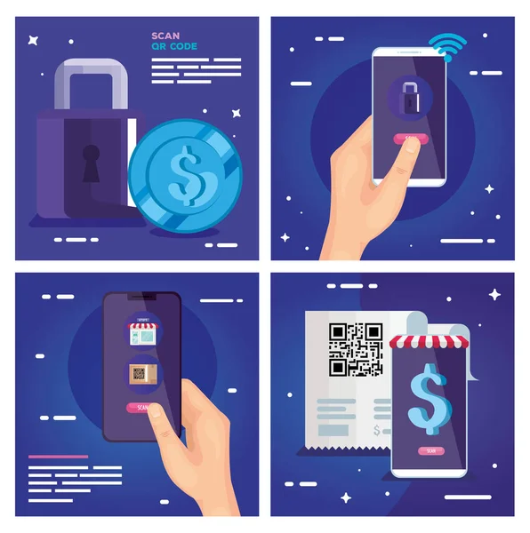 Qr código de papel teléfonos inteligentes candado y moneda vector diseño — Archivo Imágenes Vectoriales