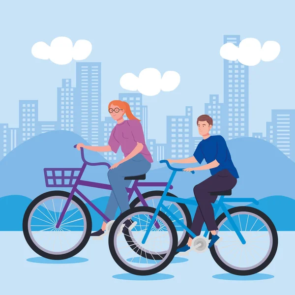 Giovane coppia in bicicletta personaggi avatar — Vettoriale Stock