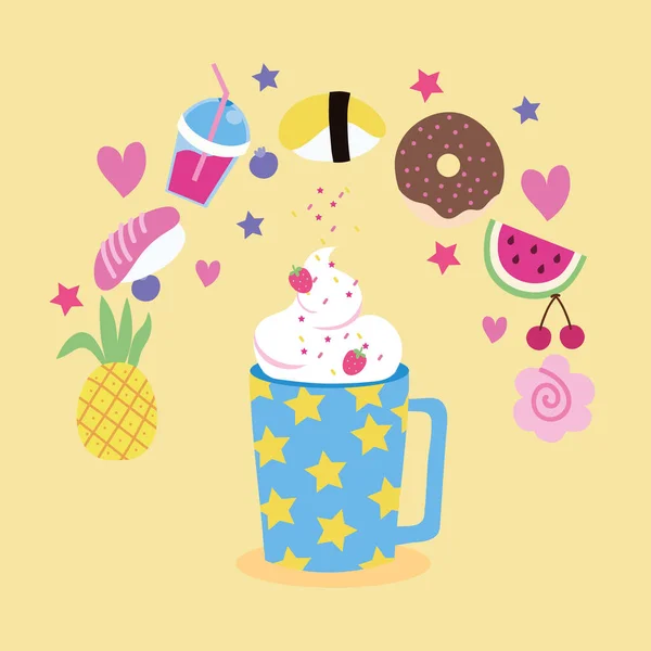 Sweet smoothie strawberry and fruits kawaii style — Stockvector