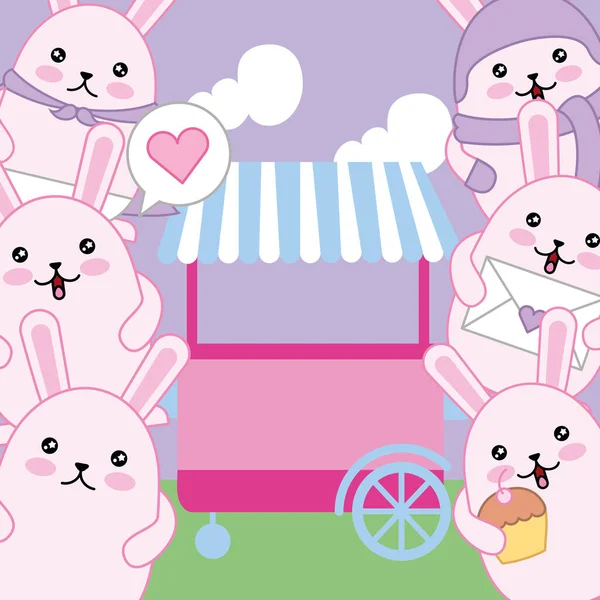 Cute little rabbits with kiosk kawaii characters — Stok Vektör