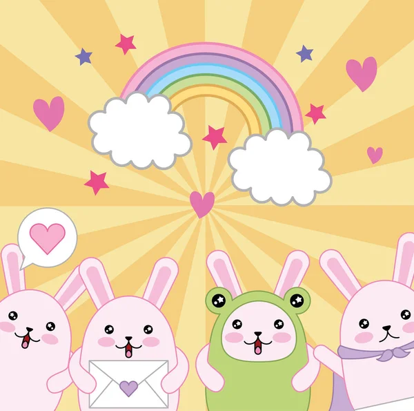 Cute little rabbits with rainbow kawaii characters — Stok Vektör
