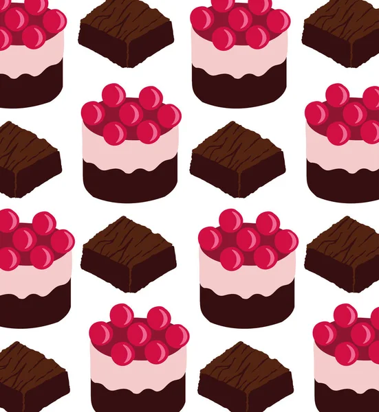 Pasteles dulces con cerezas y patrón de postre brownie — Vector de stock