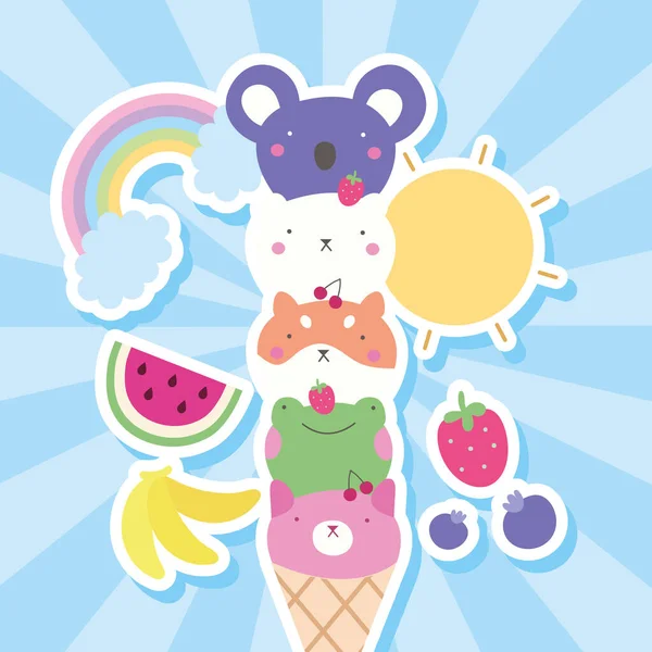 Mignons petits animaux dans des cônes de crème glacée personnages kawaii — Image vectorielle