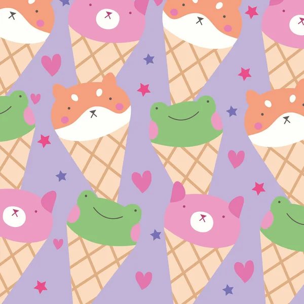 Cute little animals in ice cream cones kawaii characters — Stockvektor