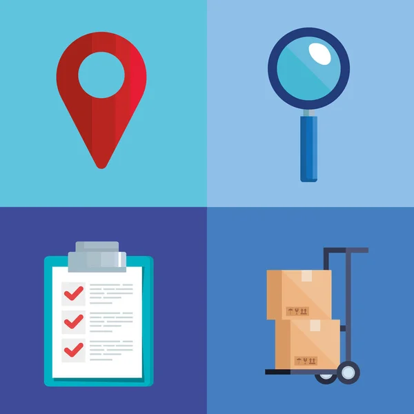 Gps помечает lupe list document and boxes over cart vector design — стоковый вектор