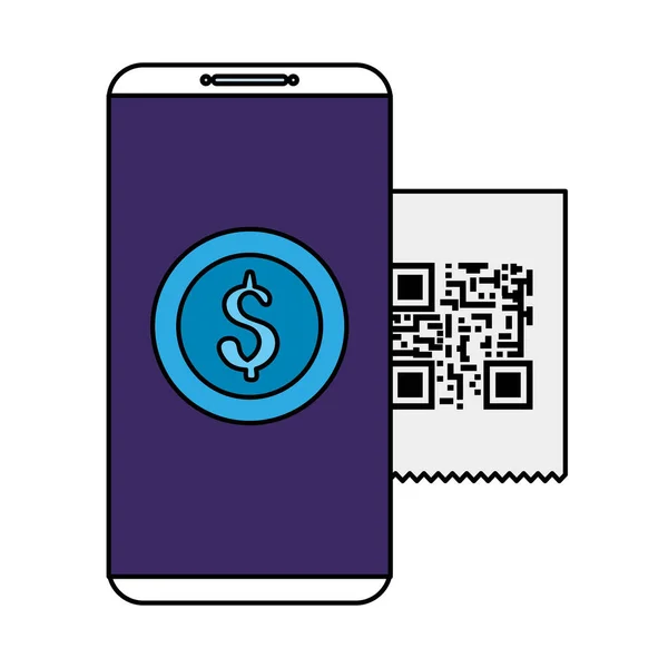 Smartphone device with scan code qr and coin — Stok Vektör