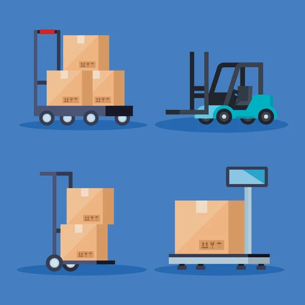 Forklift boxes cart and scale vector design — 스톡 벡터