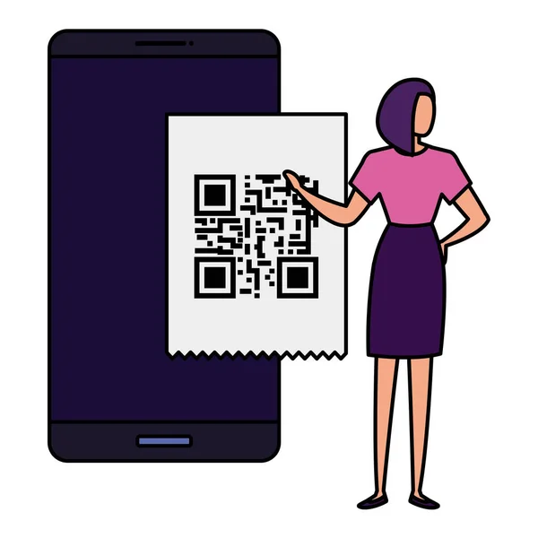 Mujer de negocios y teléfono inteligente con código de escaneo qr — Archivo Imágenes Vectoriales