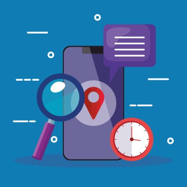 Akıllı telefon lupe GPS işaretli saat ve kabarcık vektör tasarımı