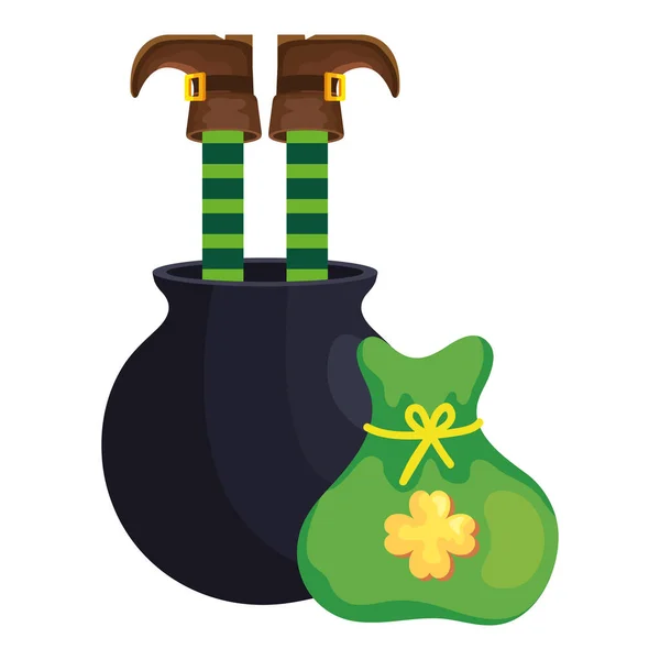 Leprechaun legs in cauldron with bag coins — 图库矢量图片