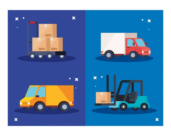 Trucks forklift and boxes over cart vector design — Wektor stockowy