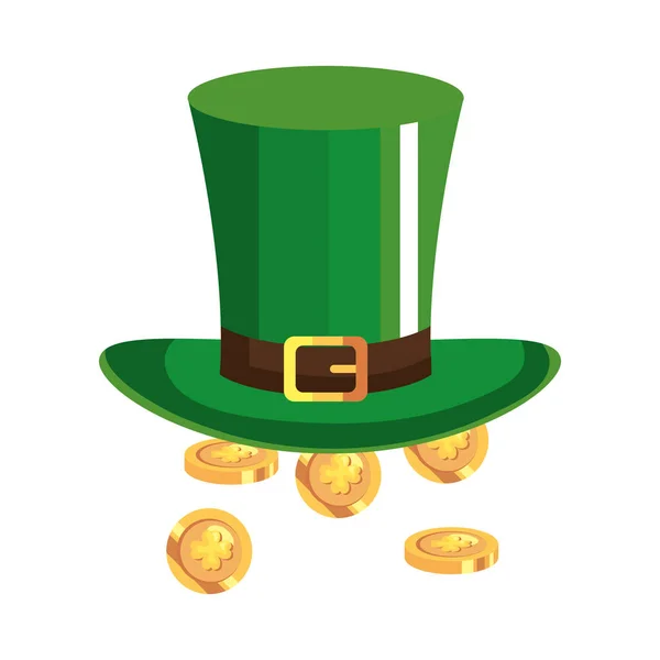 Top hat leprechaun with coins isolated icon — Stock Vector