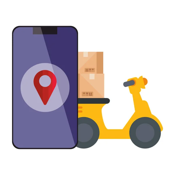 Izolovaná dodávka motocykl GPS značka uvnitř smartphone vektor design — Stockový vektor