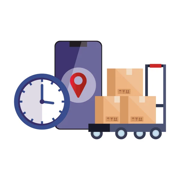 Boxes over cart gos mark clock and smartphone vector design — Stock Vector