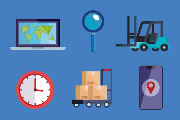 Laptop lupe forklift clock boxes and smartphone vector design — ストックベクタ