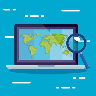 laptop with world map and lupe vector design
