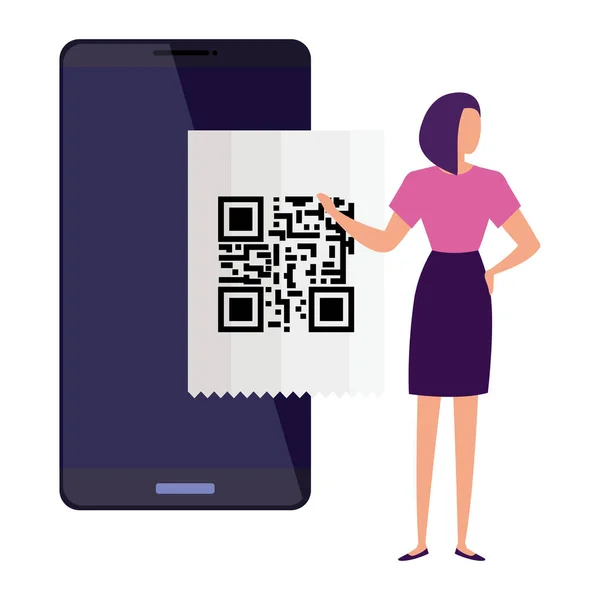 Geschäftsfrau und Smartphone mit Scan-Code qr — Stockvektor