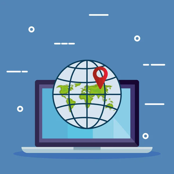 Laptop com esfera de mapa do mundo e design de vetor de marca gps — Vetor de Stock