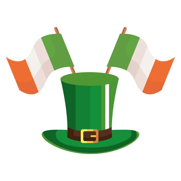 Chapeau haut de forme leprechaun avec drapeau irlande icône isolée — Image vectorielle