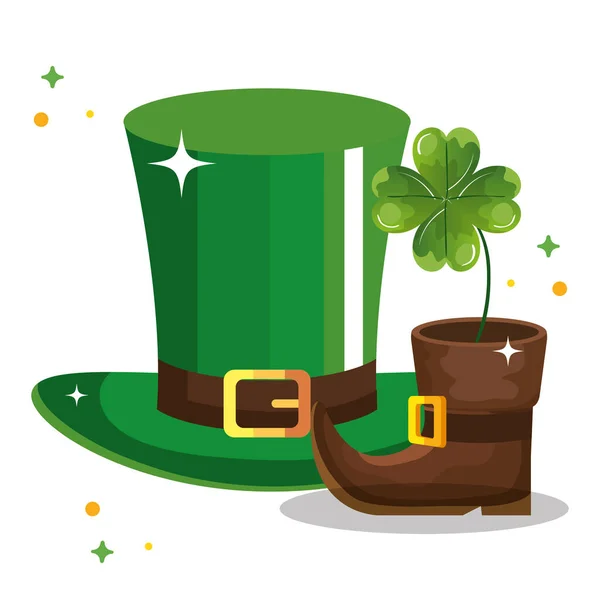 Top hat leprechaun and boot with clover — Stockvector