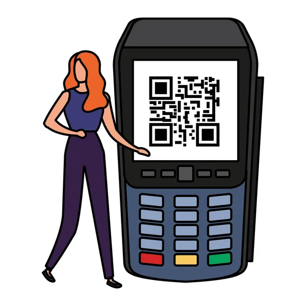 Businesswoman and dataphone with scan code qr — Stok Vektör