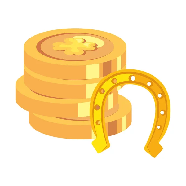 Pila de monedas con tréboles y herradura — Vector de stock