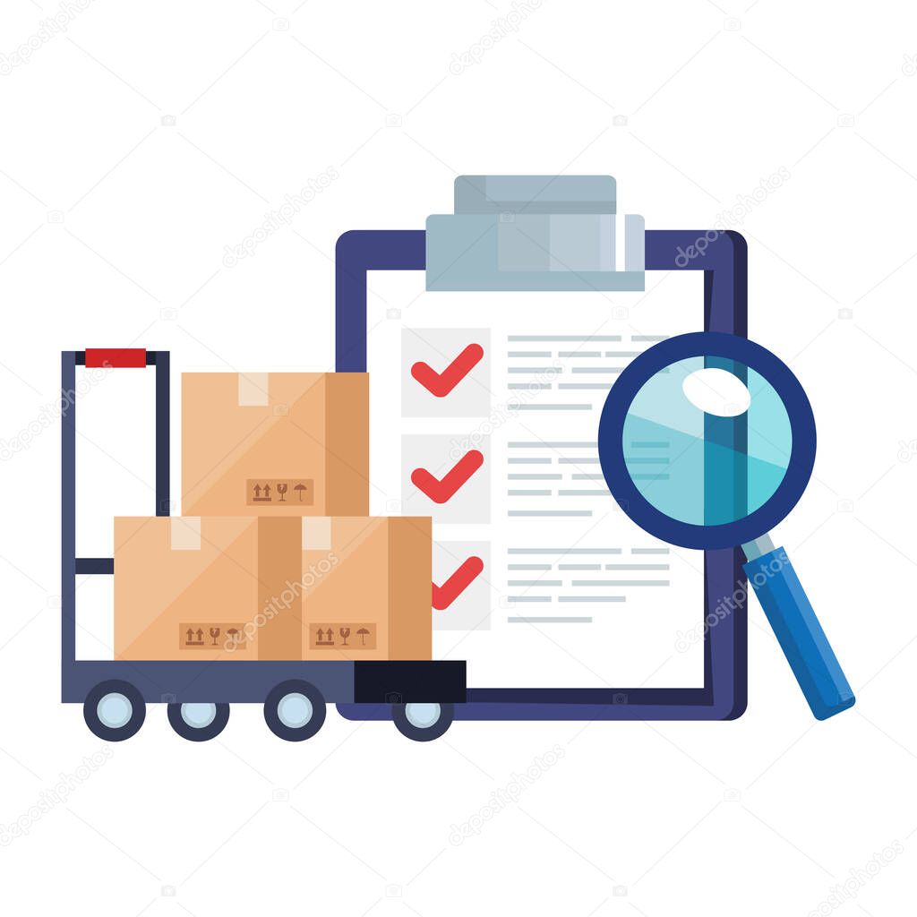 boxes over cart lupe and list document vector design