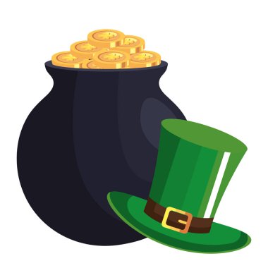 top hat leprechaun and cauldron with coins isolated icon
